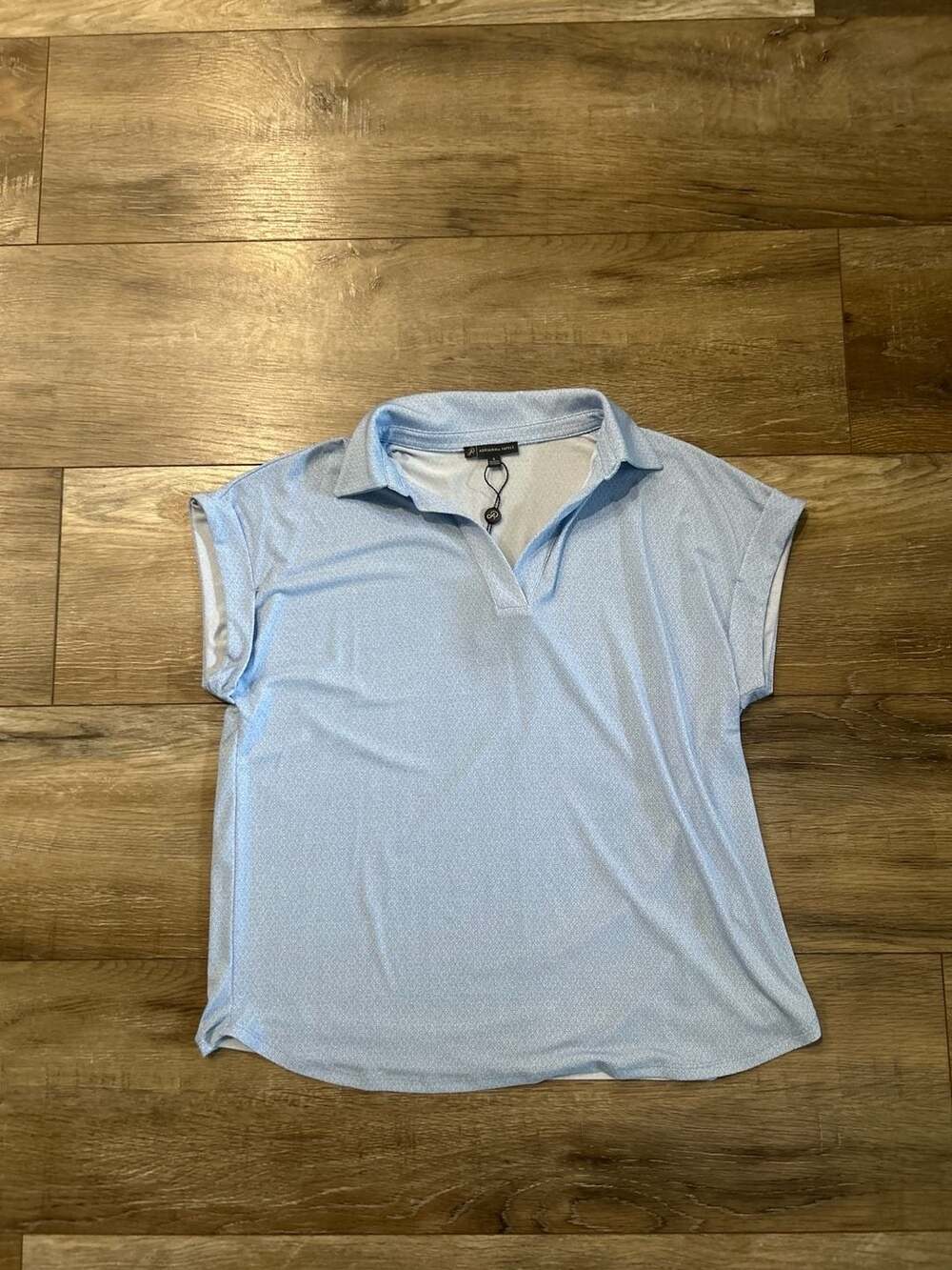 Adrianna Papell Printed Open V-Collar Knit Top Size S Light Blue Geometric